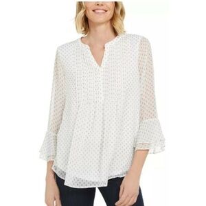 Charter Club pintuck bodice 3/4 sheer sleeve blouse overlay front split neck L
